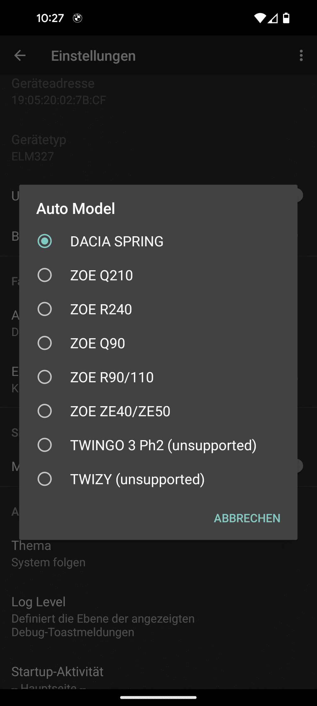 Screenshot CanZE Plus Fahrzeugauswahl