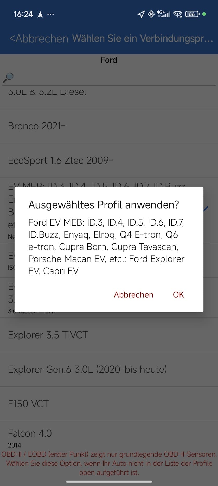 Screenshot CarScanner Verbindungsprofil