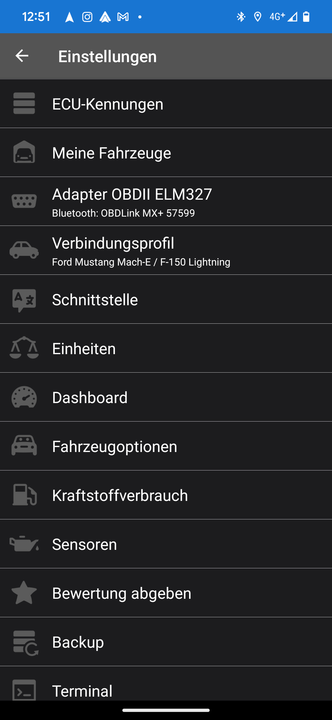 Screenshot CarScanner Verbindungsprofil