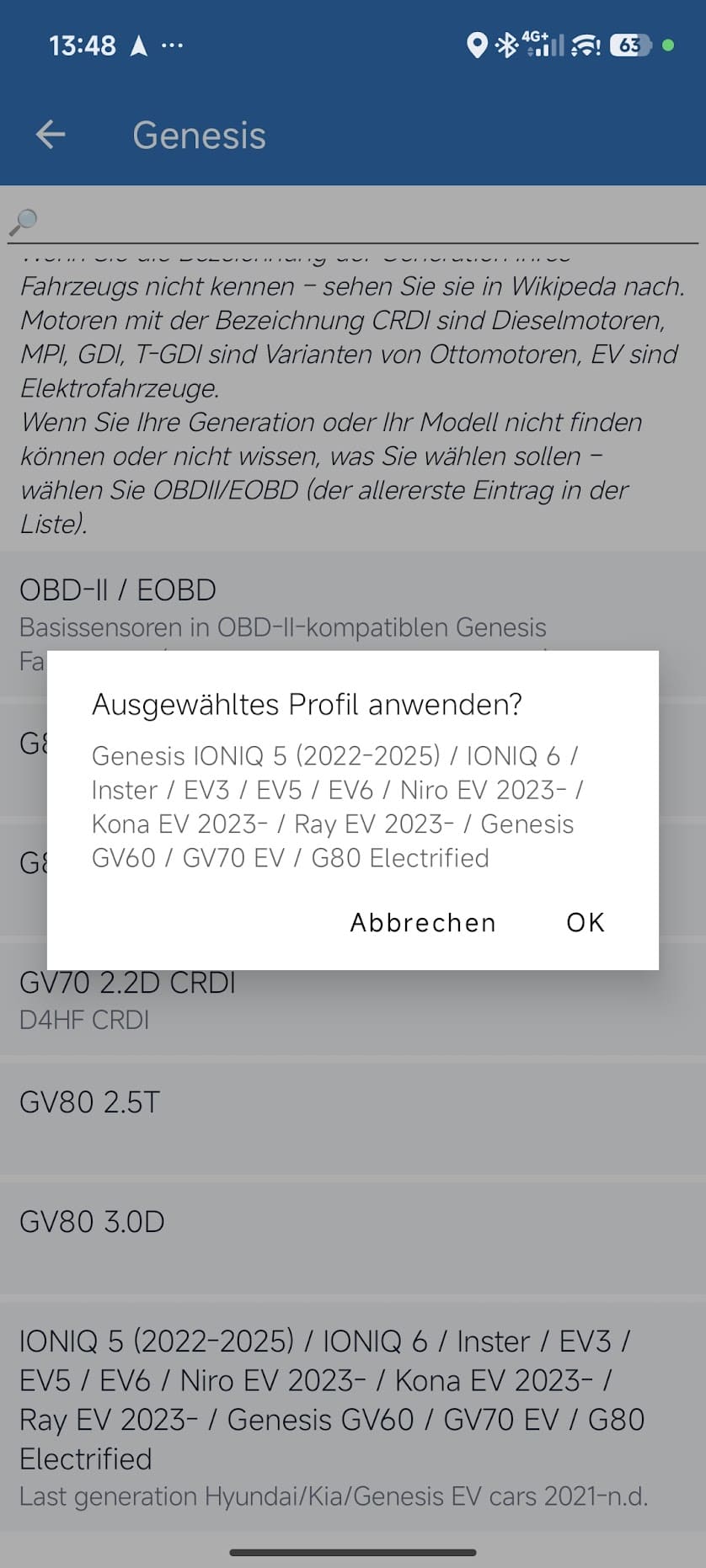 Screenshot Car Scanner Fahrzeugprofil