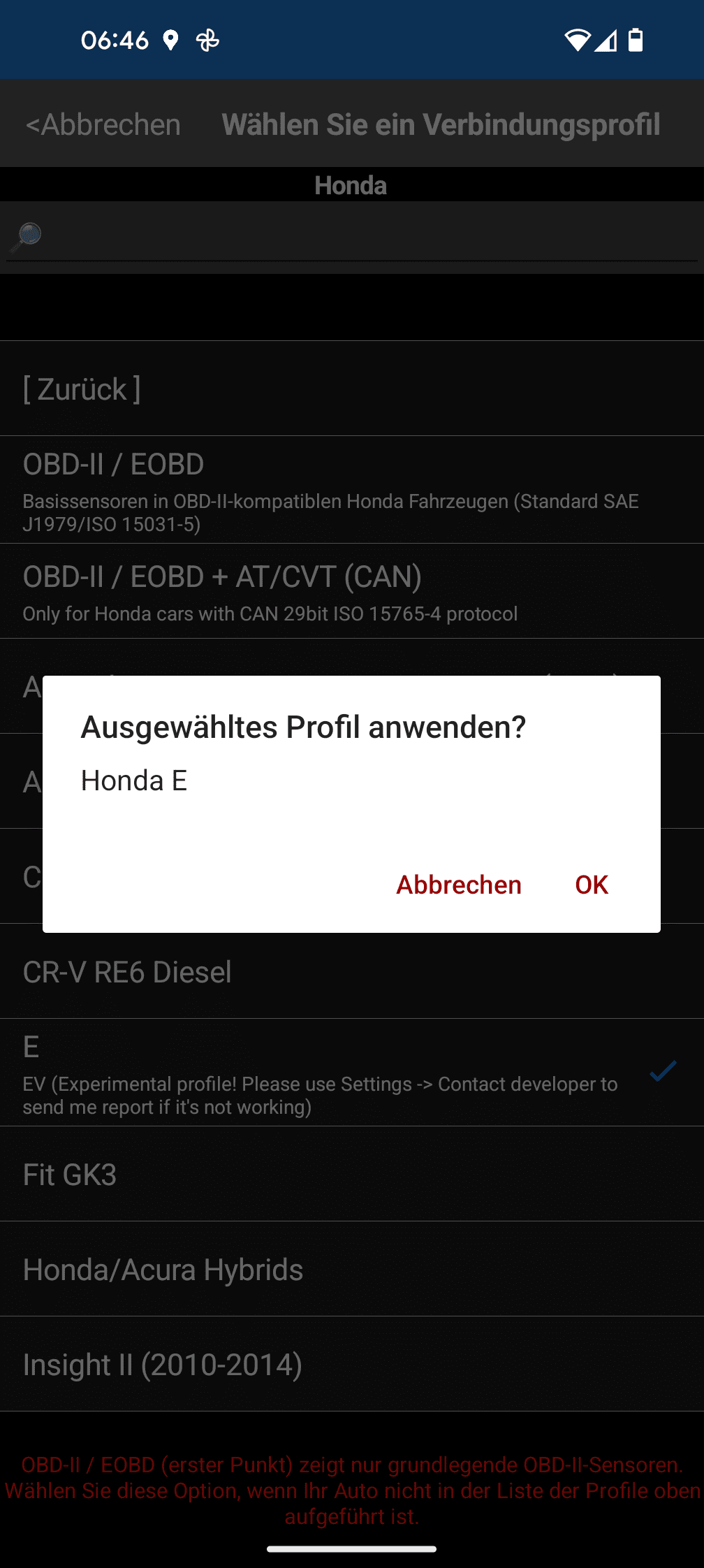 Screenshot Car Scanner Fahrzeugprofil