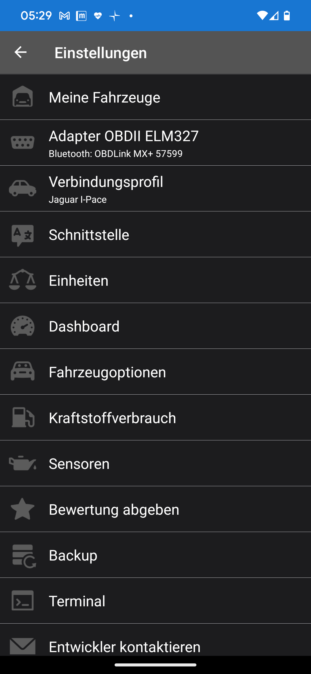 Screenshot CarScanner Verbindungsprofil