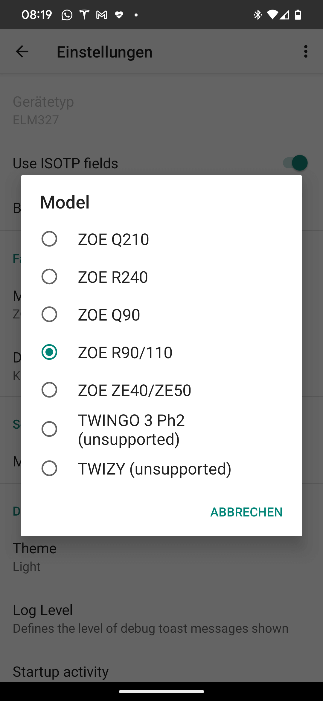 Screenshot CanZE Einstellungsseite
