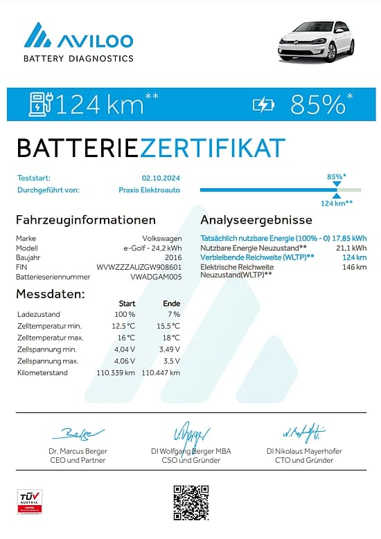 VW e-Golf Aviloo Batteriezertifikat